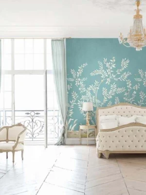 Elegant teal floral mural wallpaper with white botanical branches and birds, styled in a luxury classic bedroom interior with vintage furniture and soft lighting