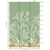 Elegant sage green floral mural wallpaper with white botanical branches and birds in a modern living room with teal sofa, wooden accents, and neutral décor