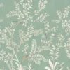 Elegant sage green floral mural wallpaper with white botanical branches and birds in a modern living room with teal sofa, wooden accents, and neutral décor