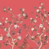 Luxury red floral mural wallpaper with hand-painted daisy blossoms, birds and botanical branches, Daisy Bennett mural collection by RUBY, elegant living room feature wall design