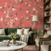 Luxury red floral mural wallpaper with hand-painted daisy blossoms, birds and botanical branches, Daisy Bennett mural collection by RUBY, elegant living room feature wall design