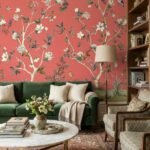 Luxury red floral mural wallpaper with hand-painted daisy blossoms, birds and botanical branches, Daisy Bennett mural collection by RUBY, elegant living room feature wall design