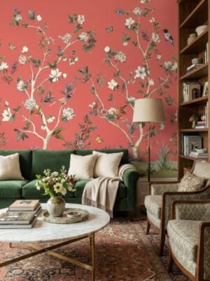 Luxury red floral mural wallpaper with hand-painted daisy blossoms, birds and botanical branches, Daisy Bennett mural collection by RUBY, elegant living room feature wall design