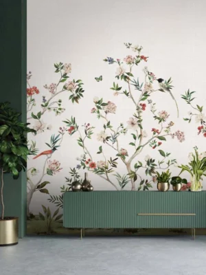 Elegant floral mural wallpaper featuring delicate botanical branches, blooming flowers, birds, and butterflies on a soft neutral background, styled with a modern green console cabinet in a luxury living room by RUBY Furnishing Studio Ghatkopar East Mumbai.