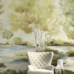 Elegant watercolor landscape mural wallpaper with soft green trees, blue sky, and serene lake view for modern luxury living room interior design
