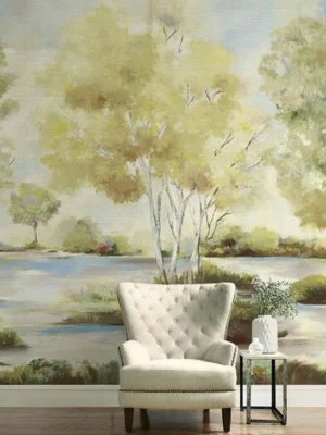Elegant watercolor landscape mural wallpaper with soft green trees, blue sky, and serene lake view for modern luxury living room interior design