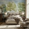 Elegant watercolor landscape mural wallpaper with soft green trees, blue sky, and serene lake view for modern luxury living room interior design