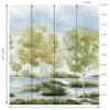 Elegant watercolor landscape mural wallpaper with soft green trees, blue sky, and serene lake view for modern luxury living room interior design