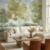 Elegant watercolor landscape mural wallpaper with soft green trees, blue sky, and serene lake view for modern luxury living room interior design
