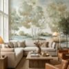 Luxury watercolor forest landscape mural wallpaper with soft trees, lake view, and pastel sky tones for elegant modern living room decor