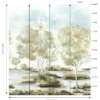 Luxury watercolor forest landscape mural wallpaper with soft trees, lake view, and pastel sky tones for elegant modern living room decor