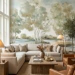 Luxury watercolor forest landscape mural wallpaper with soft trees, lake view, and pastel sky tones for elegant modern living room decor