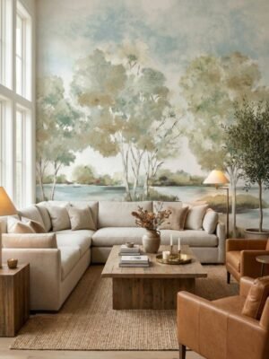 Luxury watercolor forest landscape mural wallpaper with soft trees, lake view, and pastel sky tones for elegant modern living room decor