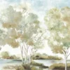 Luxury watercolor forest landscape mural wallpaper with soft trees, lake view, and pastel sky tones for elegant modern living room decor