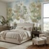 Luxury watercolor forest landscape mural wallpaper with soft trees, lake view, and pastel sky tones for elegant modern living room decor