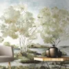 Luxury watercolor forest landscape mural wallpaper with soft trees, lake view, and pastel sky tones for elegant modern living room decor