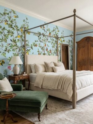 Botanical mural wallpaper featuring citrus trees with oranges and lemons on a soft blue background, styled in a modern living room with a curved cream sofa, green velvet chair, and natural textures.