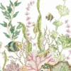 Premium coral reef mural wallpaper with tropical fish, seahorses, and botanical sea plants on soft white background for elegant modern living room decor