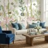 Premium coral reef mural wallpaper with tropical fish, seahorses, and botanical sea plants on soft white background for elegant modern living room decor