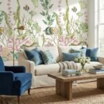 Premium coral reef mural wallpaper with tropical fish, seahorses, and botanical sea plants on soft white background for elegant modern living room decor