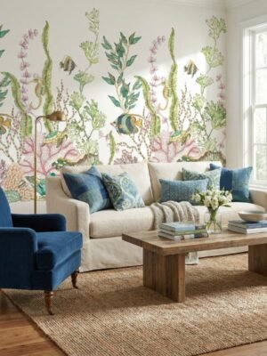 Premium coral reef mural wallpaper with tropical fish, seahorses, and botanical sea plants on soft white background for elegant modern living room decor