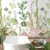 Premium coral reef mural wallpaper with tropical fish, seahorses, and botanical sea plants on soft white background for elegant modern living room decor