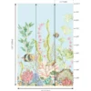 Luxury underwater coral reef mural wallpaper with pastel marine life, tropical fish, and botanical sea elements on soft neutral background for elegant living room decor