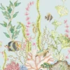 Luxury underwater coral reef mural wallpaper with pastel marine life, tropical fish, and botanical sea elements on soft neutral background for elegant living room decor