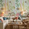 Luxury underwater coral reef mural wallpaper with pastel marine life, tropical fish, and botanical sea elements on soft neutral background for elegant living room decor