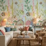 Luxury underwater coral reef mural wallpaper with pastel marine life, tropical fish, and botanical sea elements on soft neutral background for elegant living room decor