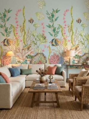 Luxury underwater coral reef mural wallpaper with pastel marine life, tropical fish, and botanical sea elements on soft neutral background for elegant living room decor