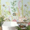 Luxury underwater coral reef mural wallpaper with pastel marine life, tropical fish, and botanical sea elements on soft neutral background for elegant living room decor
