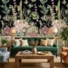 Luxury underwater coral reef mural wallpaper with tropical fish, seahorses, and botanical ocean elements on dark background for modern living room decor
