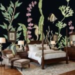 Luxury underwater coral reef mural wallpaper with tropical fish, seahorses, and botanical ocean elements on dark background for modern living room decor