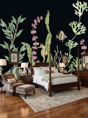 Luxury underwater coral reef mural wallpaper with tropical fish, seahorses, and botanical ocean elements on dark background for modern living room decor