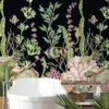 Luxury underwater coral reef mural wallpaper with tropical fish, seahorses, and botanical ocean elements on dark background for modern living room decor