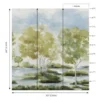 Elegant watercolor landscape mural wallpaper with soft green trees, blue sky, and serene lake view for modern luxury living room interior design