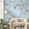 Elegant floral mural wallpaper with cherry blossom branches and colorful butterflies on soft blue background, luxury wall decor by RUBY The Furnishing Studio Ghatkopar East Mumbai