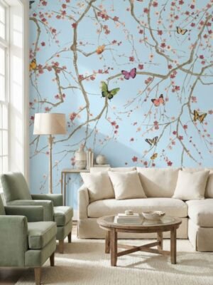 Elegant floral mural wallpaper with cherry blossom branches and colorful butterflies on soft blue background, luxury wall decor by RUBY The Furnishing Studio Ghatkopar East Mumbai