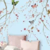Elegant floral mural wallpaper with cherry blossom branches and colorful butterflies on soft blue background, luxury wall decor by RUBY The Furnishing Studio Ghatkopar East Mumbai