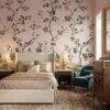 Luxury floral mural wallpaper with birds and blooming branches on soft blush pink background for bedroom wall decor by RUBY The Furnishing Studio Ghatkopar East Mumbai