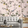 Luxury floral mural wallpaper with birds and blooming branches on soft blush pink background for bedroom wall decor by RUBY The Furnishing Studio Ghatkopar East Mumbai
