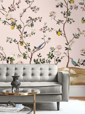 Luxury floral mural wallpaper with birds and blooming branches on soft blush pink background for bedroom wall decor by RUBY The Furnishing Studio Ghatkopar East Mumbai