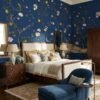 Luxury dark blue floral mural wallpaper with birds and lemon branches for living room wall décor by RUBY The Furnishing Studio Ghatkopar East Mumbai