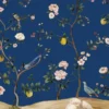 Luxury dark blue floral mural wallpaper with birds and lemon branches for living room wall décor by RUBY The Furnishing Studio Ghatkopar East Mumbai