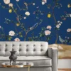 Luxury dark blue floral mural wallpaper with birds and lemon branches for living room wall décor by RUBY The Furnishing Studio Ghatkopar East Mumbai