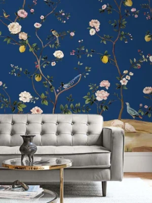 Luxury dark blue floral mural wallpaper with birds and lemon branches for living room wall décor by RUBY The Furnishing Studio Ghatkopar East Mumbai
