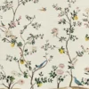 Elegant cream floral bird mural wallpaper with blooming branches and perched birds, luxury botanical wall design in a classic living room with neutral sofa and vintage decor.