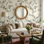 Elegant cream floral bird mural wallpaper with blooming branches and perched birds, luxury botanical wall design in a classic living room with neutral sofa and vintage decor.