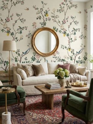 Elegant cream floral bird mural wallpaper with blooming branches and perched birds, luxury botanical wall design in a classic living room with neutral sofa and vintage decor.